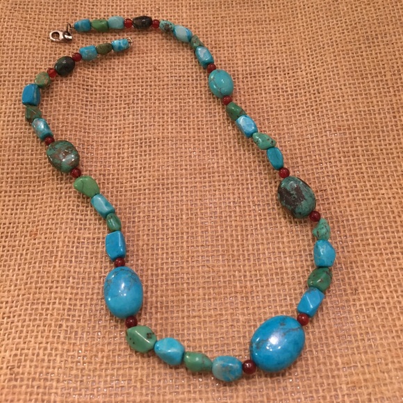 Turquoise Stone Necklace Sterling Clasp 18.5" - Picture 6 of 13